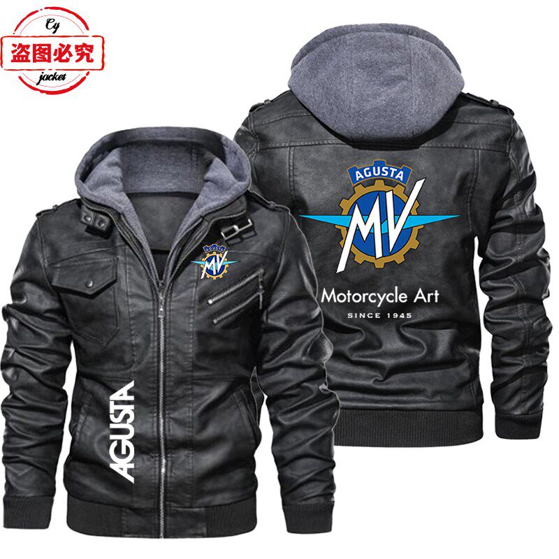 皮夹克MV Agusta 摩托车Logo复古水洗pu皮衣防风男士连帽夹克男装