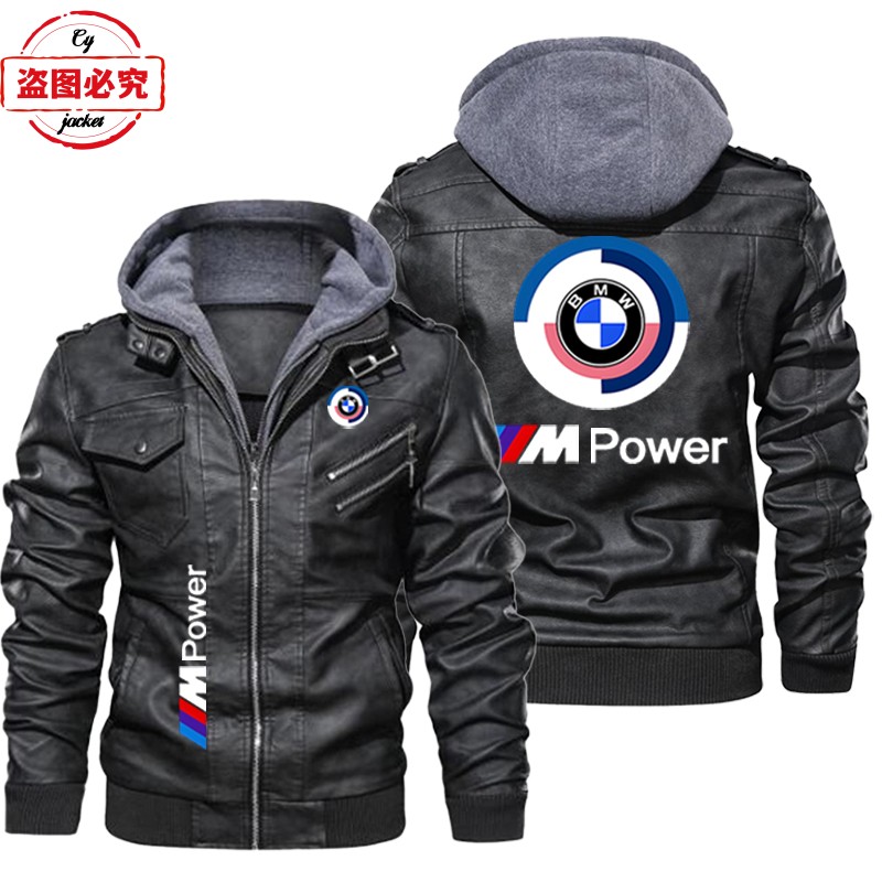 1宝马摩托车LOGO骑行服pu皮衣防风男连帽夹克BMW M-Power标志印花
