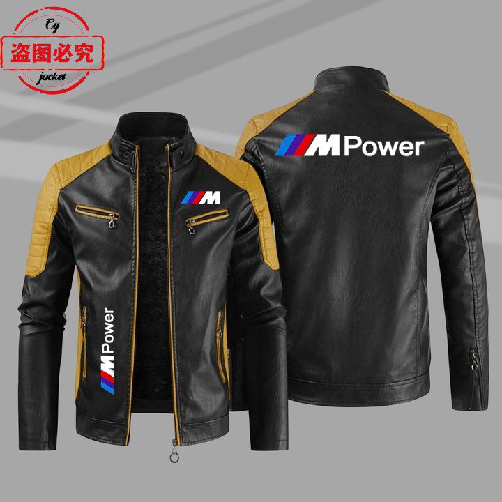宝马M标志皮夹克摩托车LOGO印花pu皮衣BMW M-Power男士撞色夹克