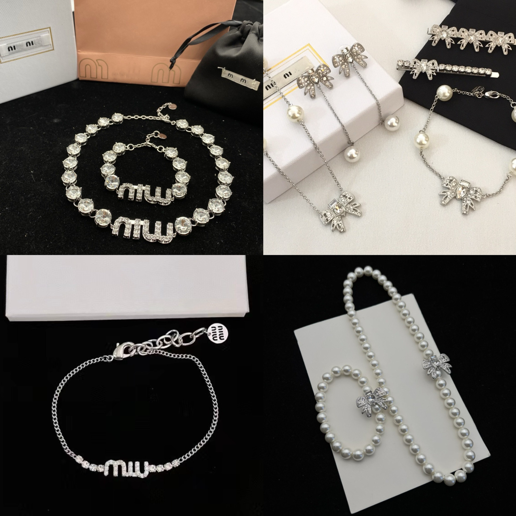 缪家/miu家新款字母项链手链套装珍珠蝴蝶结耳钉简约气质甜美风女