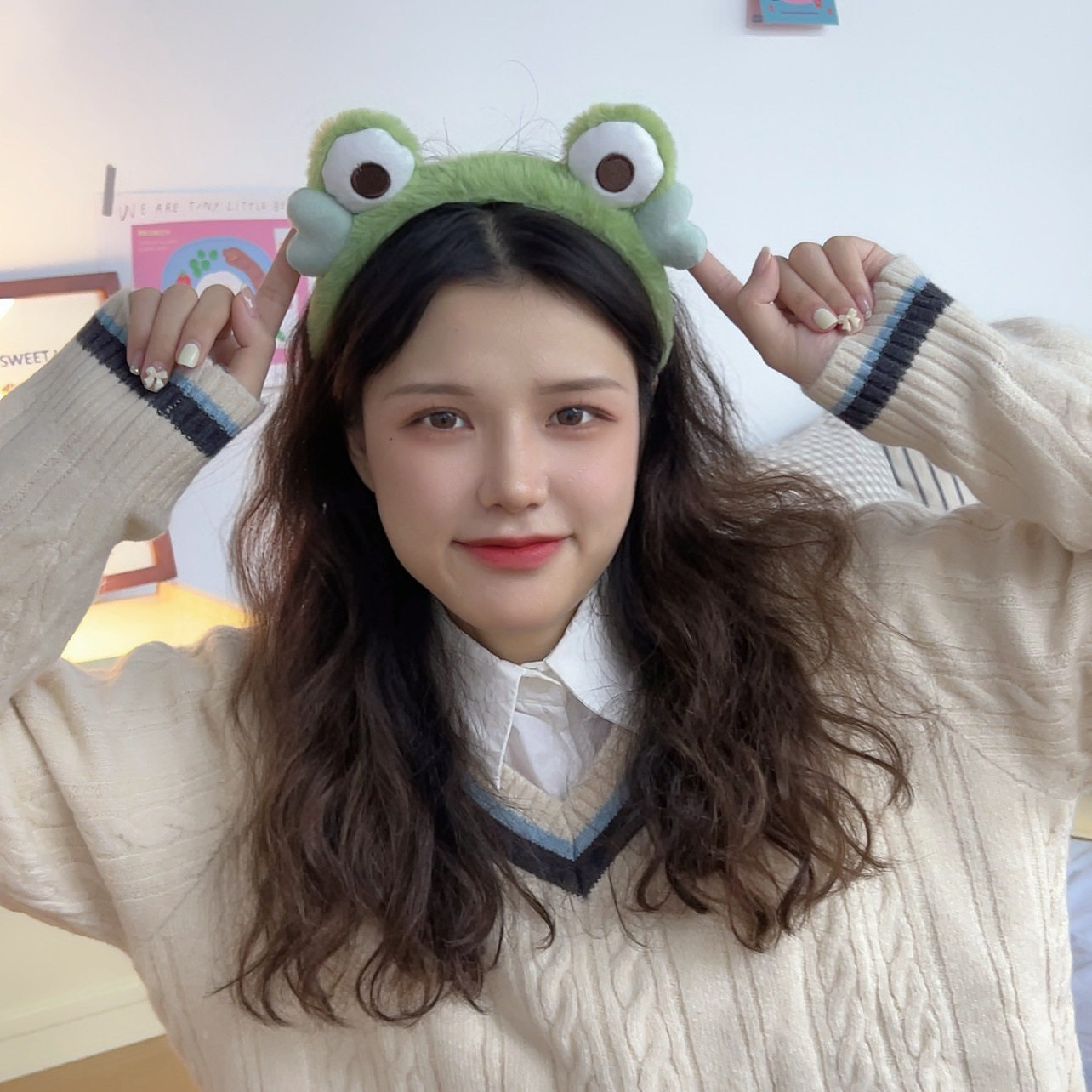 绿色青蛙眼睛爱心头箍少女心卡通