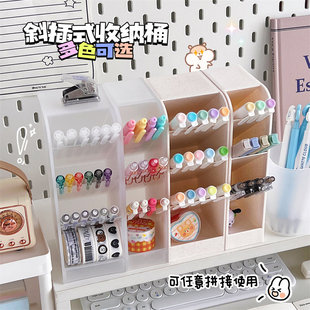 夜市爆款韩国ins少女心桌面收纳简约马卡龙四格斜插笔筒化妆刷口