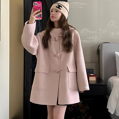 粉色牛角扣短款连帽双面羊绒大衣