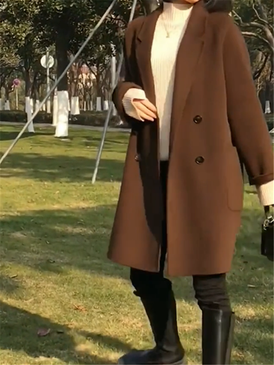 双面羊绒大衣女中长款2023新款秋冬小个子双排扣通勤韩版毛呢外套