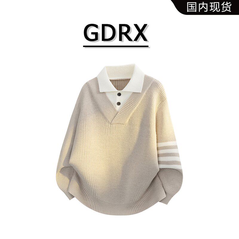 GDRX美式假两件翻领长袖男士毛衣秋冬新款设计感宽松保暖针织上衣
