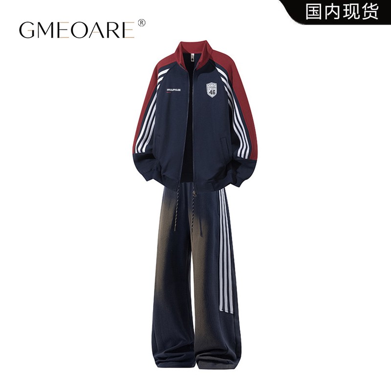 GMEOARE条纹撞色休闲运动套装男女款春秋立领开衫卫衣卫裤两件套