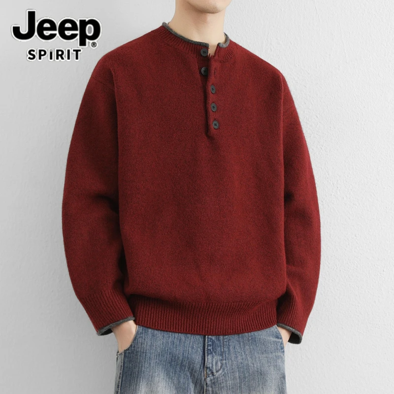 JEEPSPIRIT吉普亨利领红色毛衣男士秋冬内搭宽松针织衫加厚毛线衣,男装,针织衫/毛衣,淘宝优惠券,粉丝福利购,淘宝优惠卷
