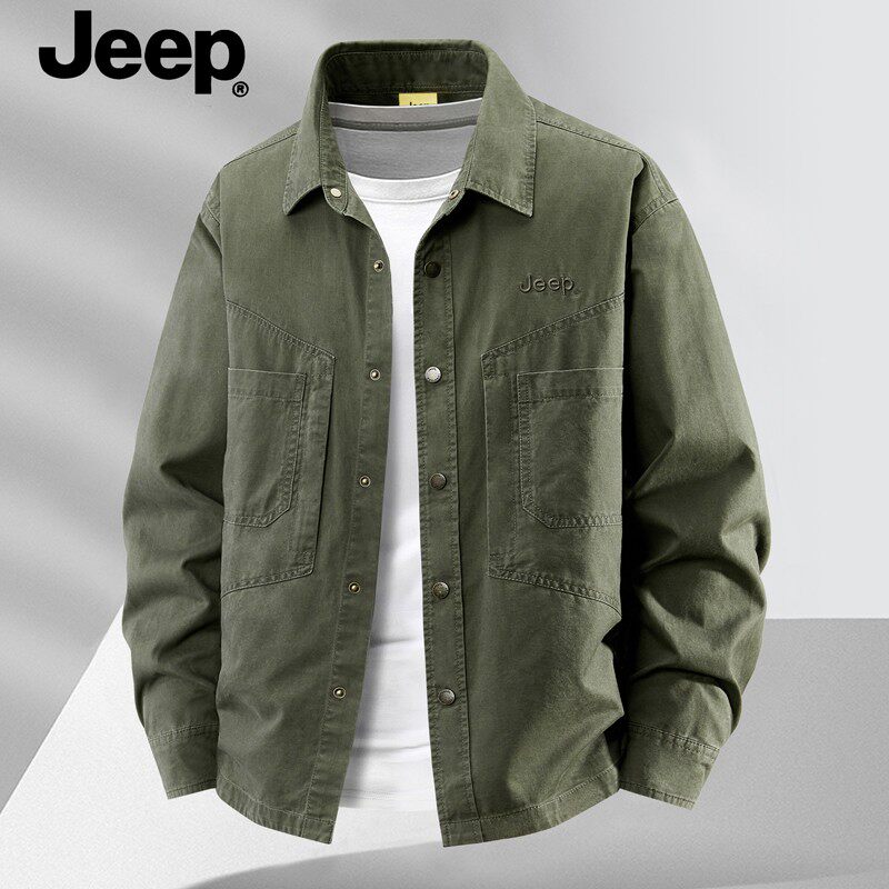 Jeep吉普官方正品男春季水洗纯棉刺绣休闲衬衫长袖多口袋衬衣外套