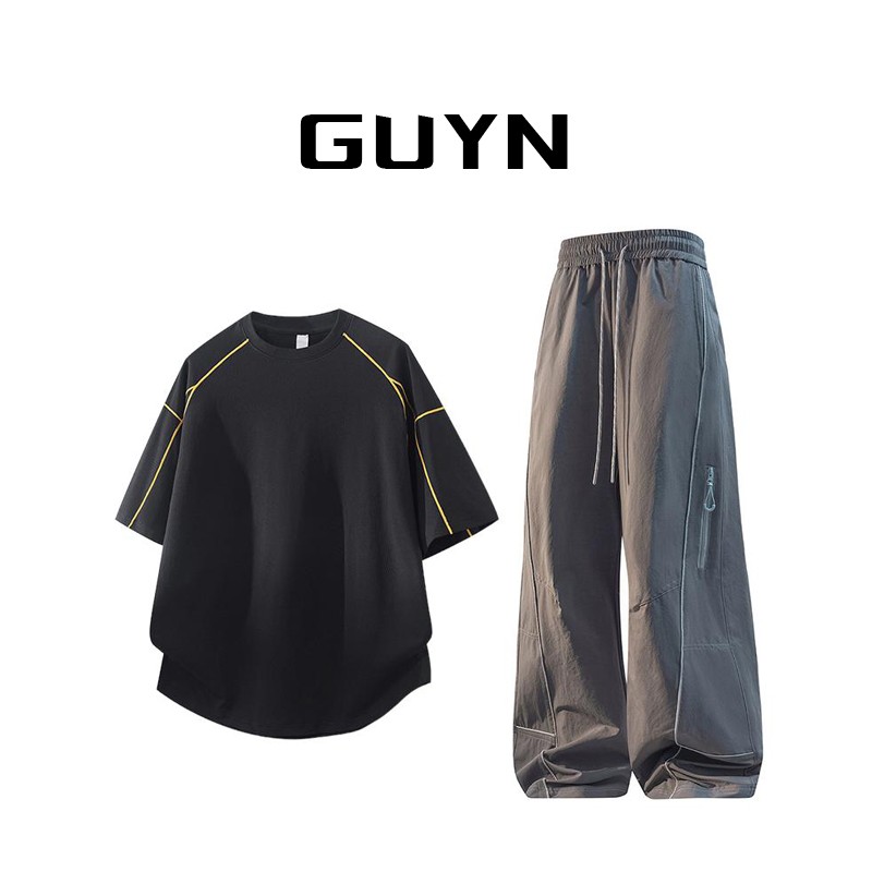 GUYN运动短袖t恤休闲套装男士夏季薄款高级感圆领潮流长裤两件套