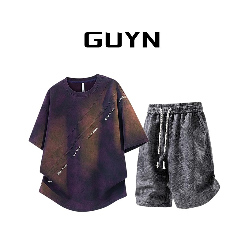 GUYN复古短袖t恤套装男士夏季薄款大码美式扎染休闲轻奢五分短裤