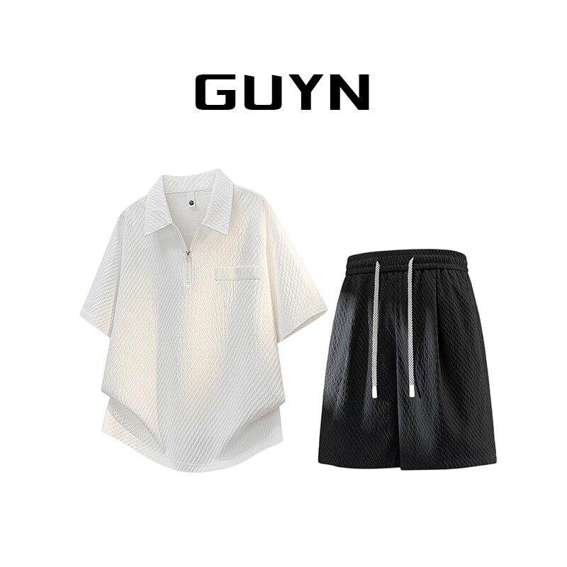 GUYN男士轻奢时尚套装夏季美式潮流宽松透气短袖短裤百搭休闲套装