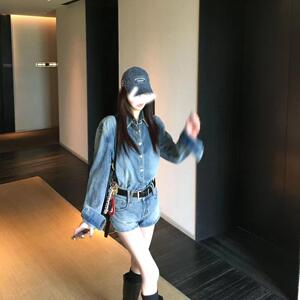 美式复古蓝色复古上衣外套水洗衬衫女夏秋季牛仔短裤两件套套装