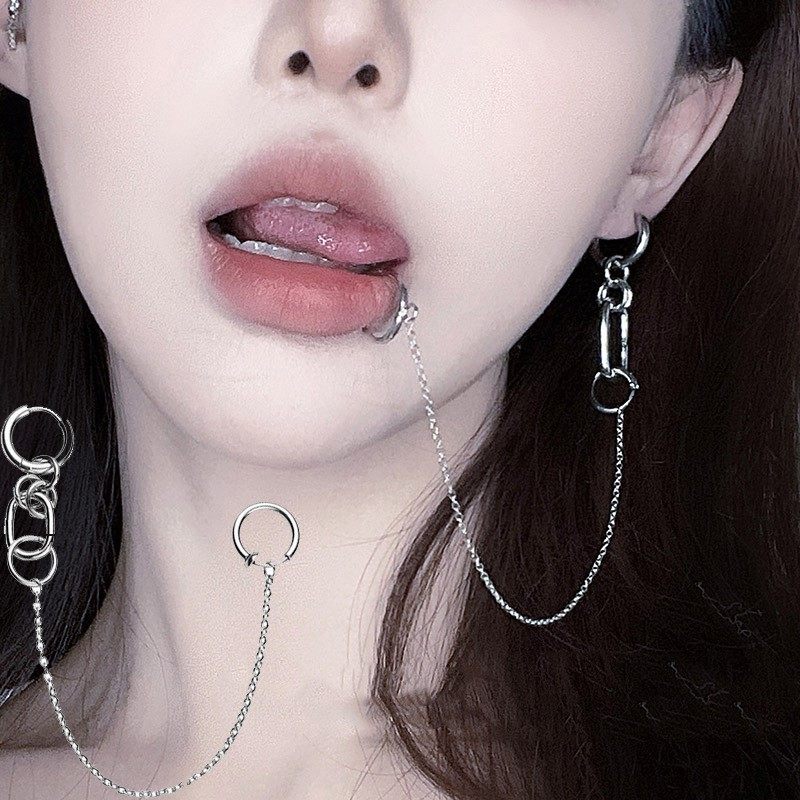无洞假唇钉舌钉可喝酒咬不碎小众钢外假无洞钛合金耳钉唇夹配饰女