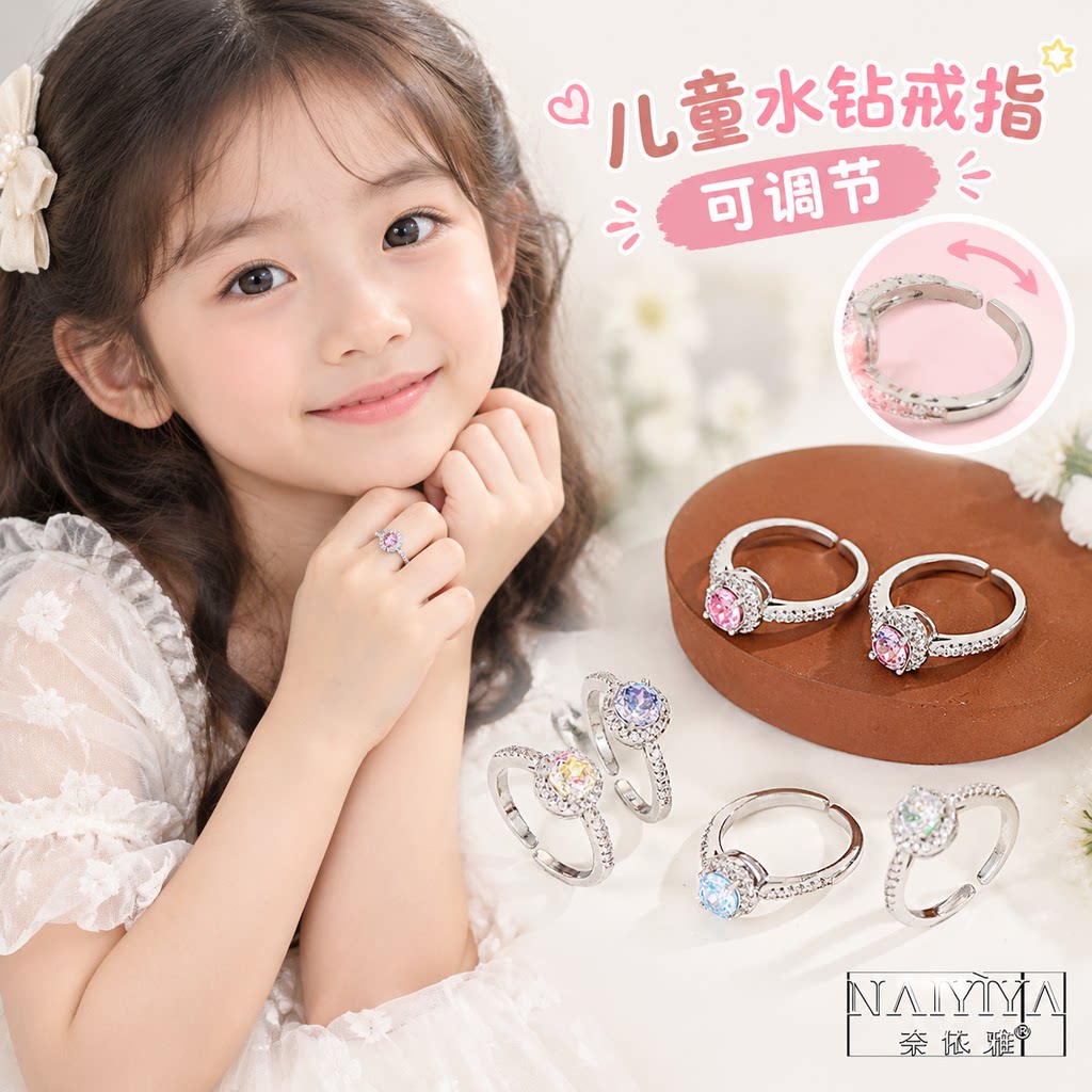 儿童水钻宝石戒指可调节指环公主小女孩女童钻石水晶饰品宝宝钻戒