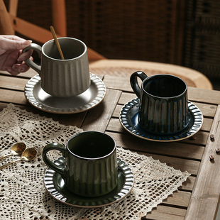 日式 复古粗陶马克杯小众陶瓷办公室咖啡杯家用创意茶杯竖纹泡茶杯