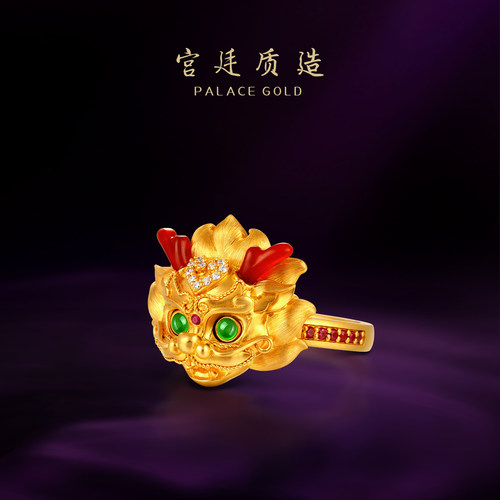 宫廷质造古法手工黄金麒麟戒指足金钻石灵动金戒指