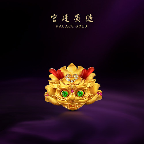 宫廷质造古法手工黄金麒麟戒指足金钻石灵动金戒指