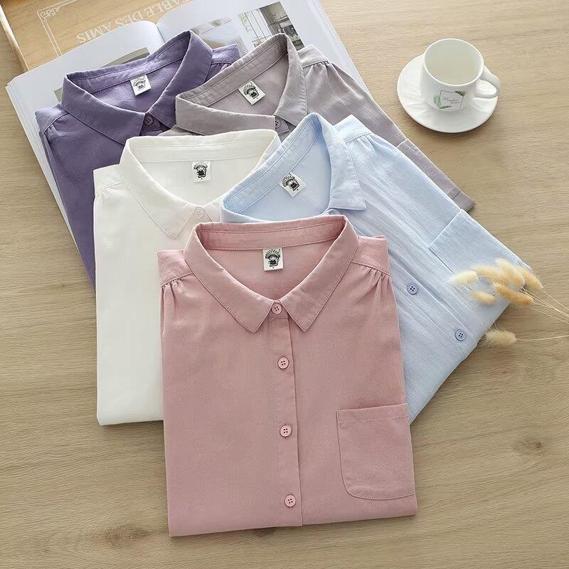 春季新款女式全棉尖领衬衫纯色百搭衬衣宽松款