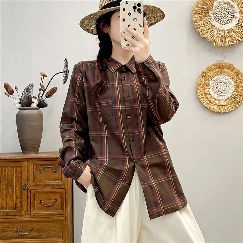 2025大格子衬衫女长袖外高品质复古文艺宽松休闲春秋季衬衣棉质