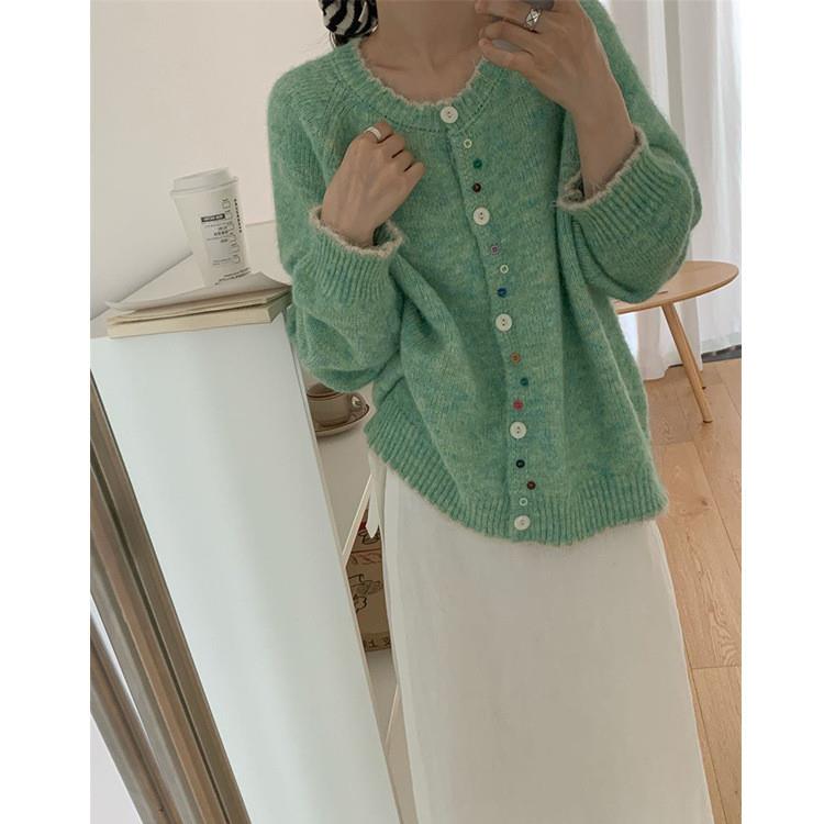 韩系清新彩扣圆领针织开衫女2025秋冬新款宽松学院风软糯毛衣外套