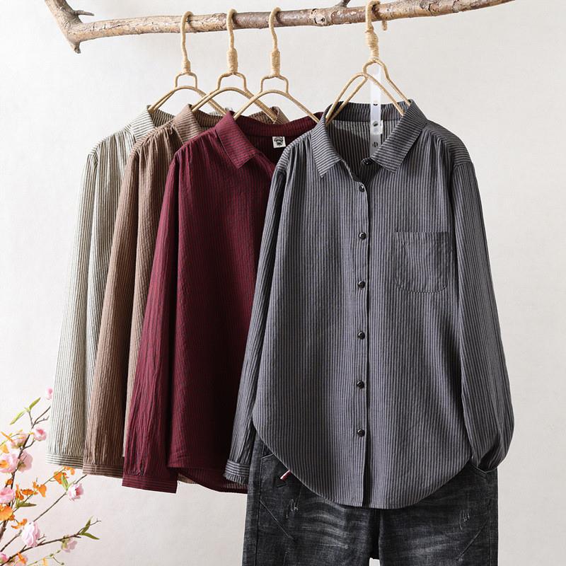 2025秋季女装新款纯棉条纹衬衫女口袋尖领长袖衬衣女式宽松上衣