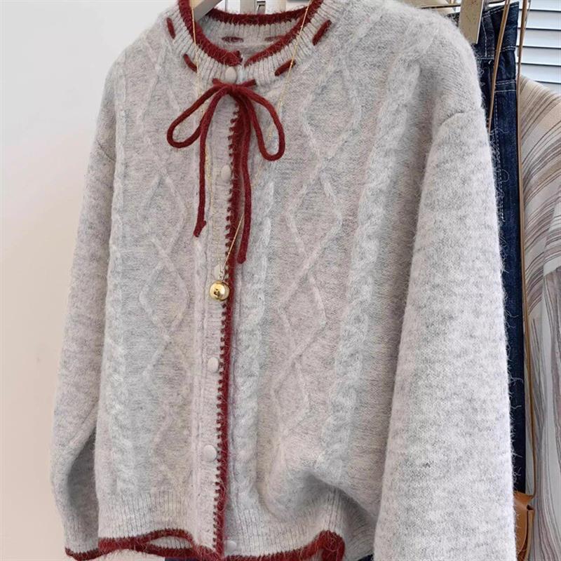 2025年秋冬新款学院风拼色菱形麻花淑女设计感针织衫上衣软糯开衫