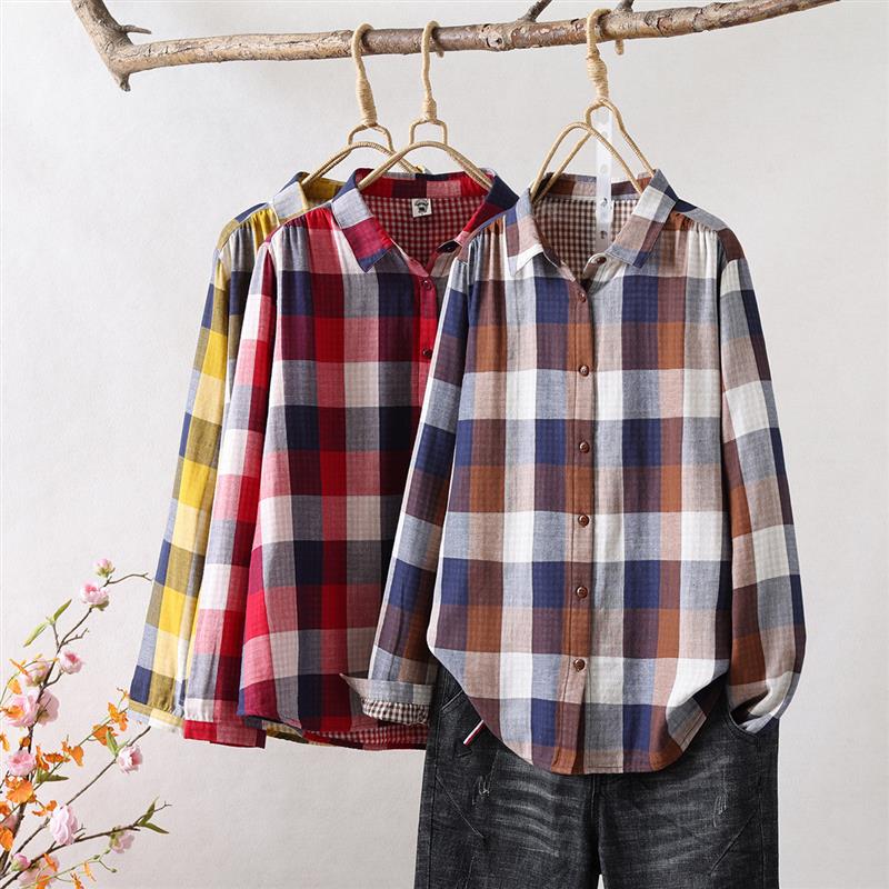 春新款大格子衬衫女式开衫双层纱棉衬衣长袖女装