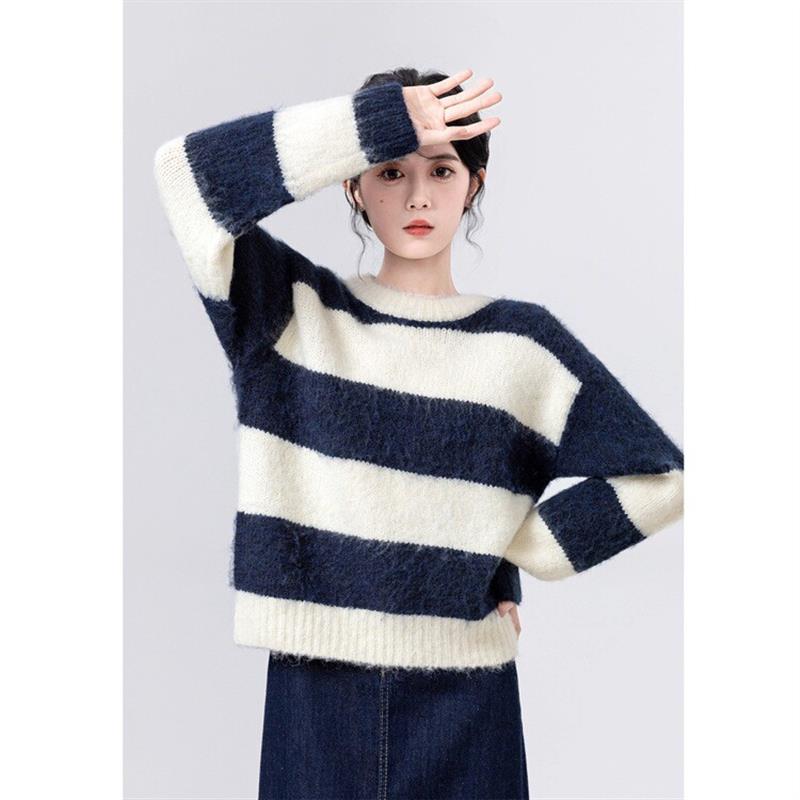 2025新款时尚洋气条纹针织衫女宽松显瘦百搭长袖毛衣打底上衣潮
