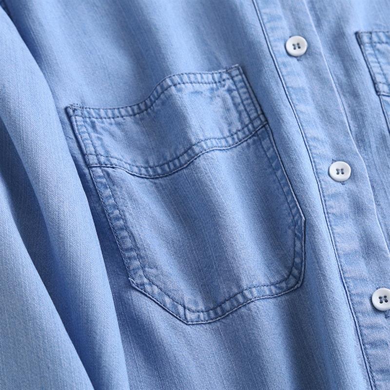 2025新款垂感天丝牛仔衬衫女春秋季韩版宽松长袖叠穿中长款衬衣女