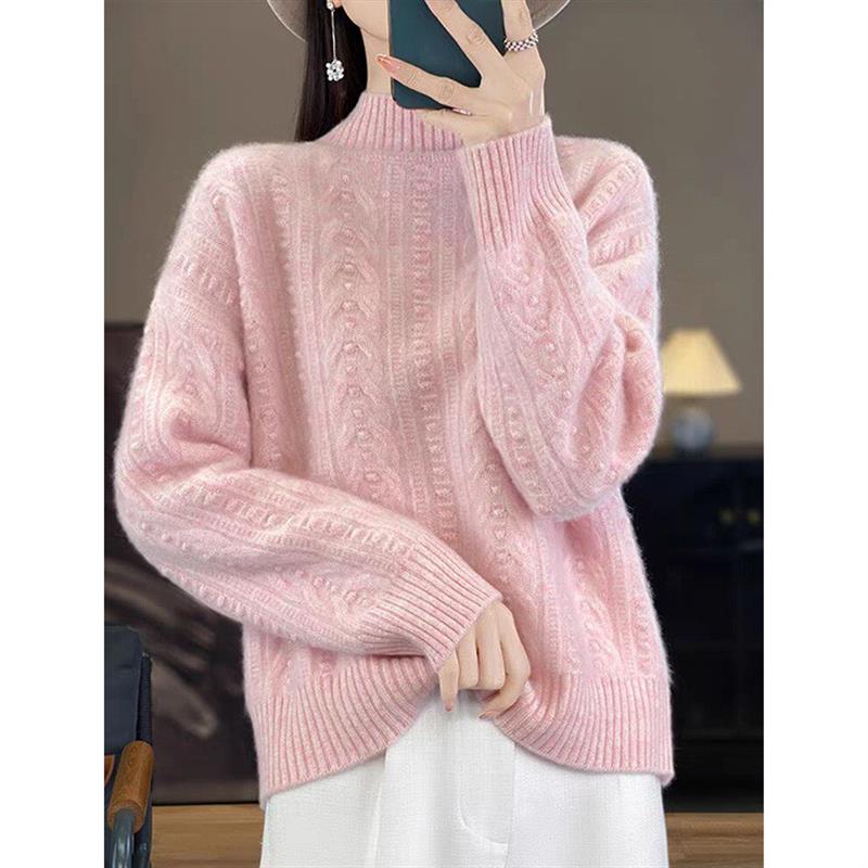 半高领扭花绵羊毛女2025新款秋冬软糯加厚宽松毛衣套头针织打底衫