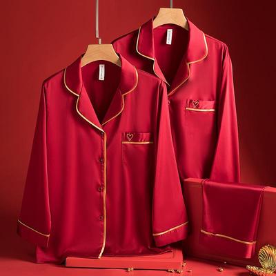 情侣红色睡衣女春秋冰丝长袖长裤男大码宽松家居服套装10252+N252