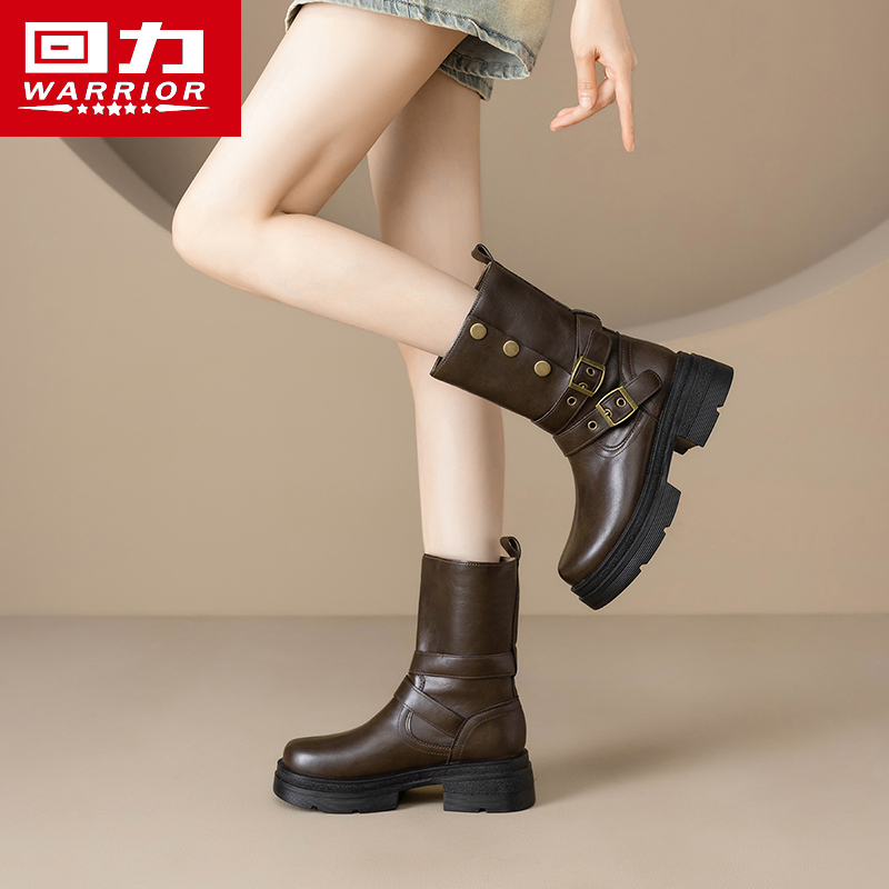 回力正品女鞋厚底耐磨皮面马丁靴