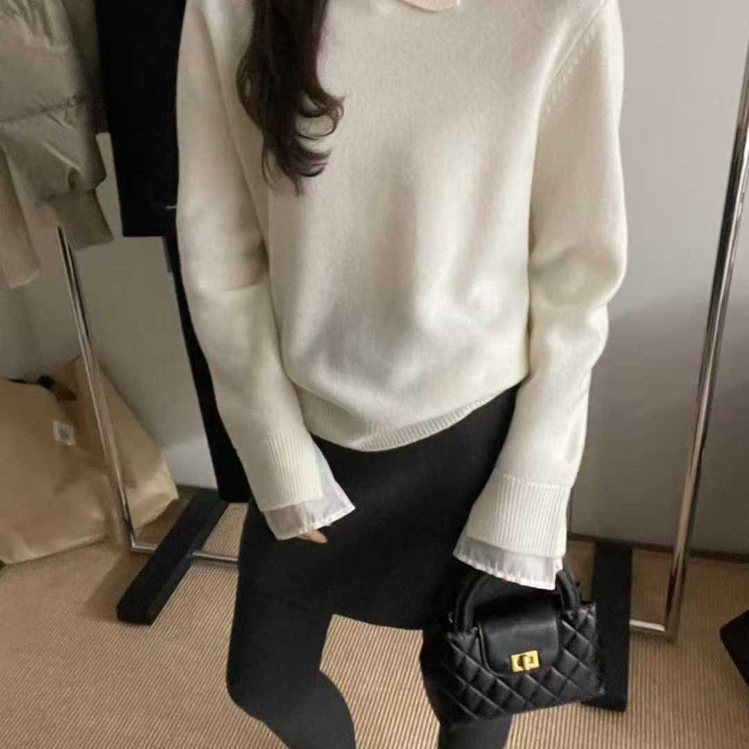 TB媞宝-毛14.8韩系不规则翻领拼纱温柔系毛衣(含21.9绵羊毛)86341