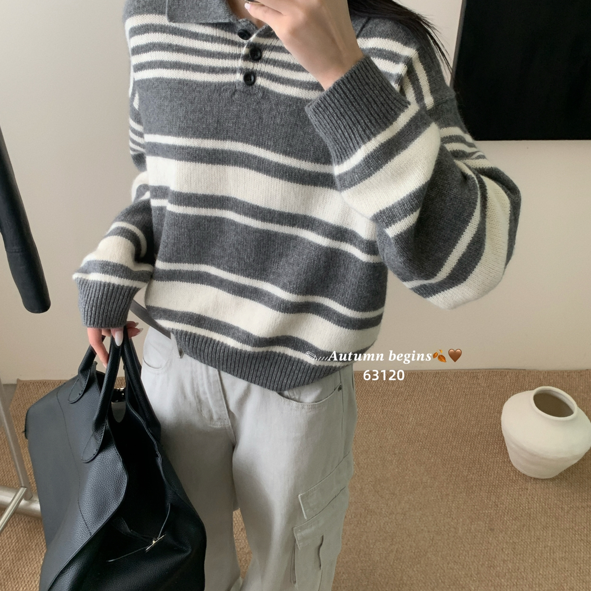 GAR-撞色Polo领条纹软糯慵懒显瘦保暖毛衣(含46.2绵羊毛)Q63120