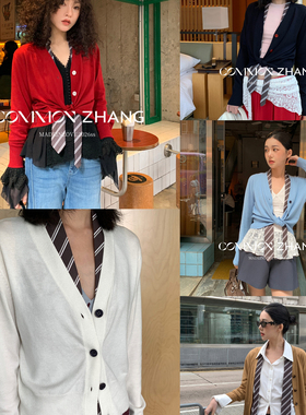 Z ZHANG-气质简约V领长袖上衣针织开衫(配领带)（含10羊毛）15430