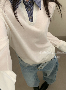 GAR-衫领拼接设计感假两件时尚减龄针织衫（含10.4绵羊毛）A90682