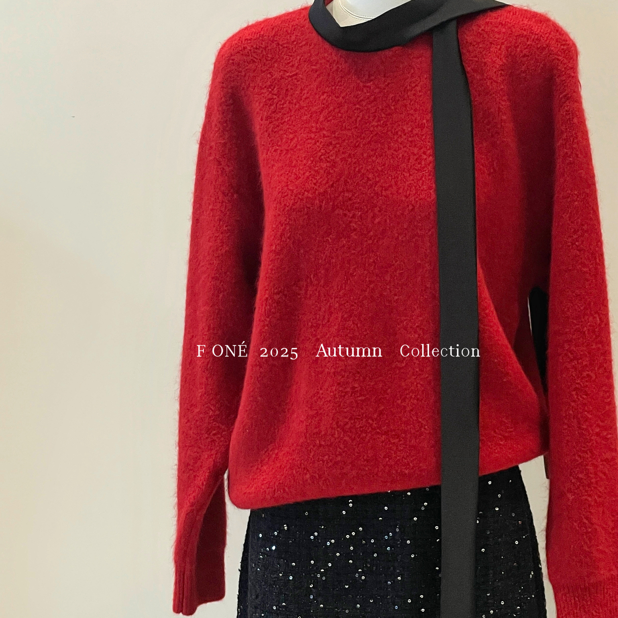 ONE-会气质氛围感缎面拼接飘带新年红保暖毛衣（含2.9兔毛）58666
