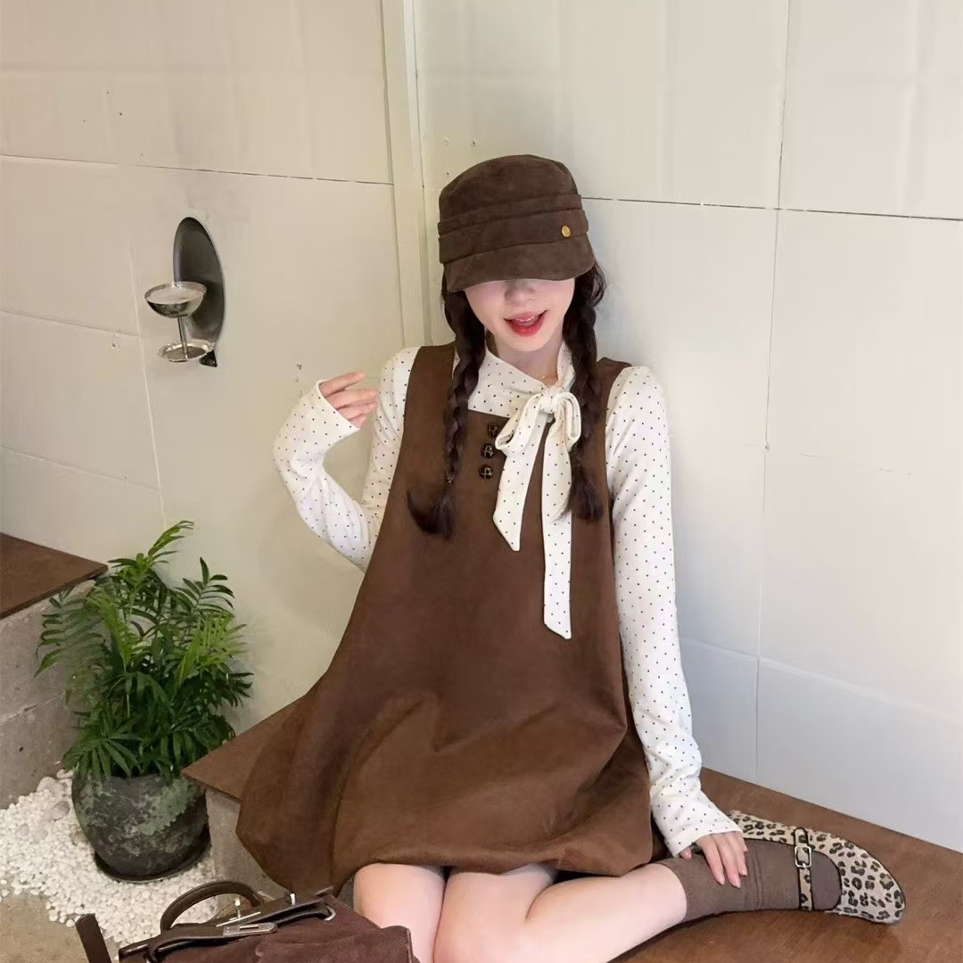 玺尚-冬上新小个子波点蝴蝶结小衫+复古甜美背心连衣裙套装4201