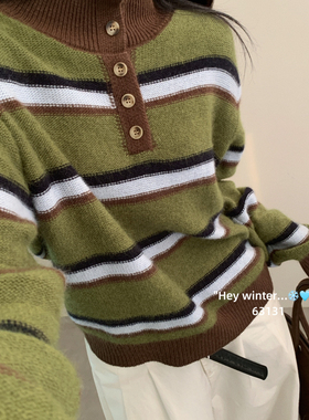 UGAR-半开扣复古撞色条纹慵懒显瘦保暖毛衣（含46.2绵羊毛）63131