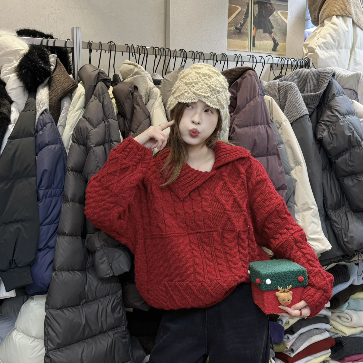 VI+（唯一家）-韩风加厚麻花翻领保暖毛衣50615