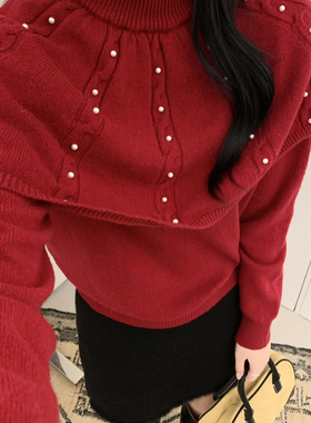 可-荷叶边拼接订珠设计洋气针织衫保暖毛衣（含100绵羊毛）53503