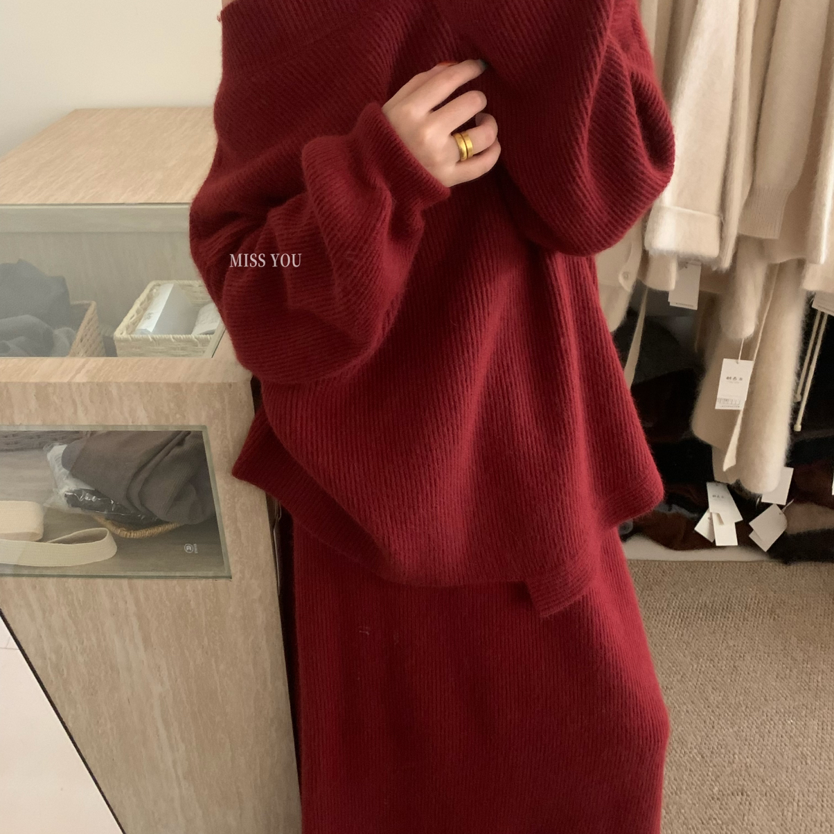 ISS YOU-牌简约纯色元宝针露肩款保暖毛衣（含15.1绵羊毛）Z-3651