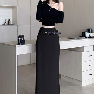 ONLY-26年早春韩系气质御姐后开叉高腰显瘦半身裙(配腰带)81118