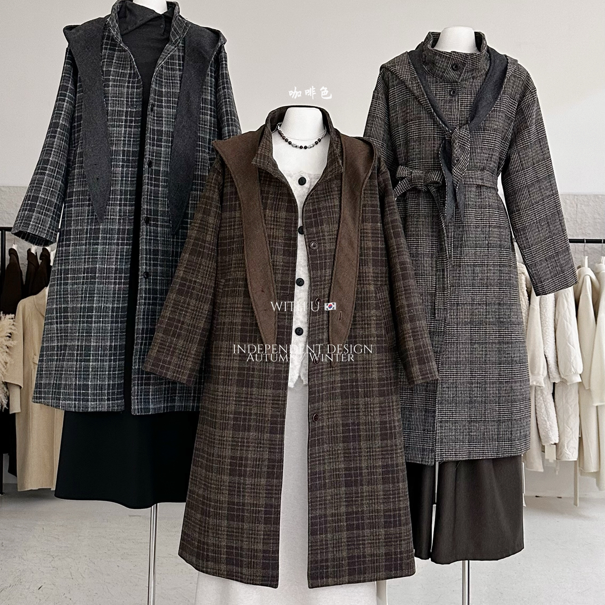 With U-极简复古气质长款大衣(配可拆卸帽子)6915