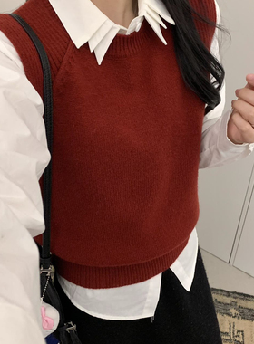 可可-插肩袖纯色休闲百搭针织马甲+衬衫套装(含21.9绵羊毛)79217