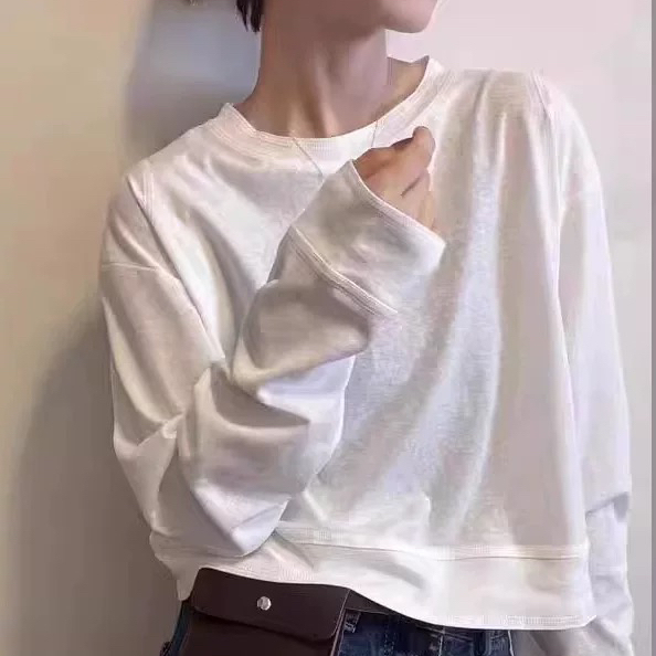 木可丽人小个子时尚宽松短款纯色圆领打底长袖T恤不含搭配6905