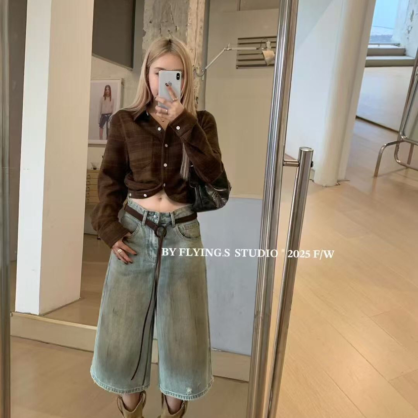 FLYINGS早秋上新磨毛复古做旧设计感格纹衬衫YY9891