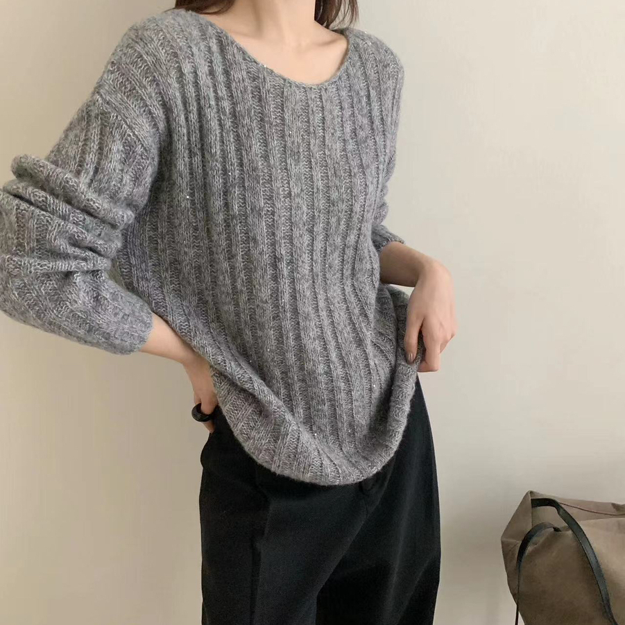 后 F H羊绒花纱坑条气质大圆领亲肤针织衫(含563绵羊毛)5191