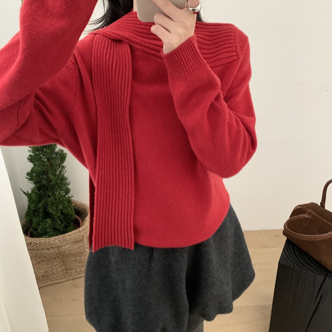 LO-韩系气质简约慵懒风全毛围巾款套衫保暖毛衣（含100羊毛）0017