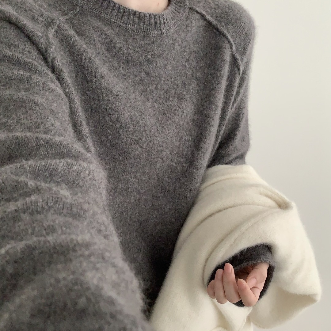 LO-上新韩系纯色简约慵懒风卷边圆领套衫毛衣（含38.5兔毛）9905Y